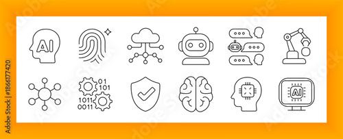 Artificial intelligence set icon. AI head, fingerprint, cloud, robot, chat, gears, shield, brain, chip, monitor, and nodes for computing, security, machine learning, and smart systems.