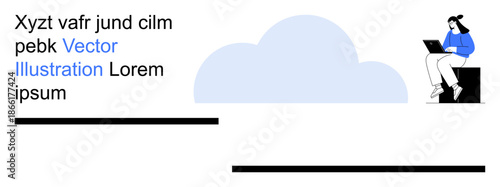 Technology, cloud computing, remote work, online learning, collaboration, digital workspace. Illustration of woman on a laptop, cloud in the background. Cloud computing and remote work