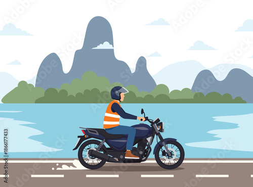 Thai "Win" style motorcycle taxi service vector illustration: Driver in orange vest rides along a scenic tropical coast road with mountains.