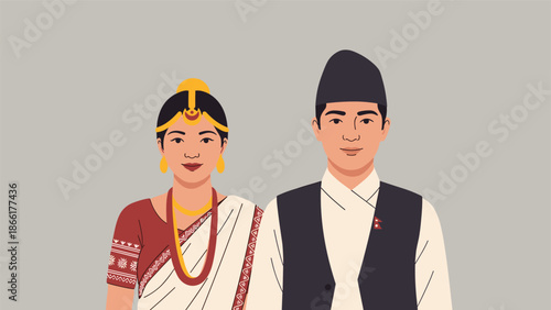 A dignified portrait of a Nepalese man and woman standing together in their beautiful and intricate traditional national attire.