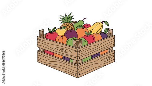 A rustic wooden crate overflowing with a colorful and delicious assortment of fresh fruits, including apples, bananas, and a pineapple.
