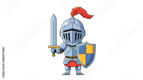 A cute chibi-style cartoon illustration of a brave knight in full metal armor, holding a sword and a shield, ready for a medieval battle.