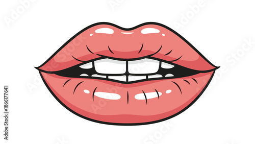 A bold and glossy pop art illustration of slightly parted lips with pink lipstick and visible white teeth, in a retro comic book style.