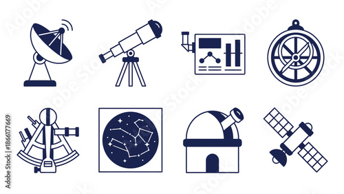 Astronomy and Space Exploration Icons Set - Telescope, Satellite, Observatory, Compass