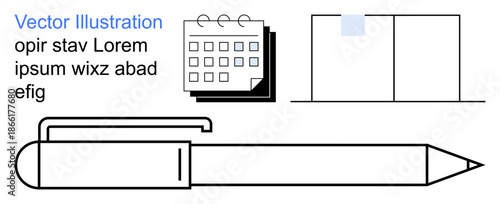Planning, organization, time management, creativity, office supplies, stationery tools. Black pen, calendar and geometric shapes . Planning and organization concepts