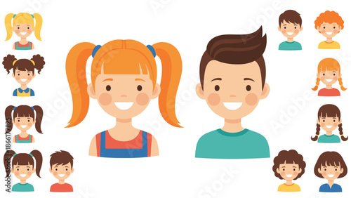 A large collection of cheerful and cute cartoon avatars featuring the smiling faces of diverse boys and girls with various hairstyles.