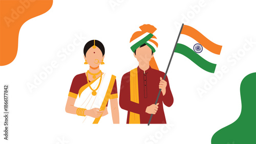A patriotic illustration of an Indian man and woman in traditional attire, with the man proudly holding the national flag of India.