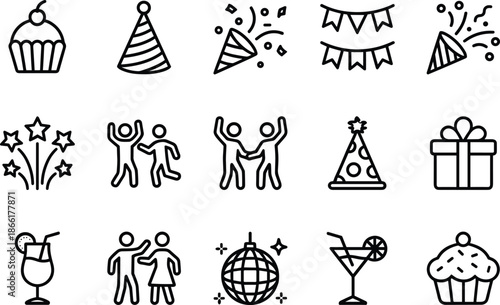 Black and white party and celebration icons set, vector illustration for festive events, invitations, and entertainment.