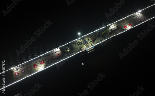 Photography High-Speed Train Crossing Rongshan Bridge at Night, Chongqing