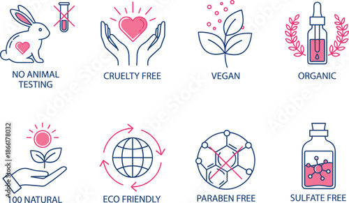 Ethical beauty icon set with cruelty free vegan and paraben free symbols