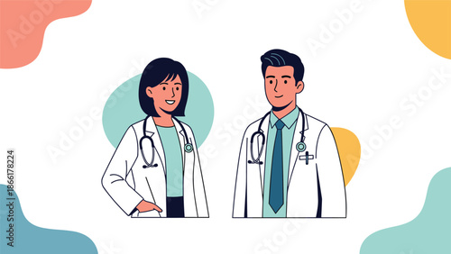A professional and friendly portrait of a male and female doctor in white coats with stethoscopes, set against a modern abstract background.