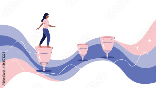 A conceptual illustration showing a woman confidently walking across a series of menstrual cups, symbolizing feminine hygiene and period positivity.