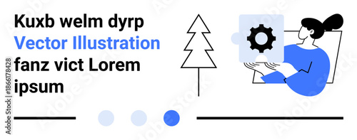 Woman holding a gear icon, tree illustration, minimal text, and dots design. Ideal for technology, teamwork, system, innovation, creativity workflow simple landing page