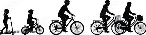 Bicycle riding family silhouette sequence showing child growth stages from scooter to cycling adults isolated on white background illustration
