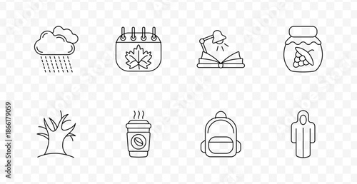 Autumn set icon. Line icons showing cloud with rain, maple leaf calendar, study lamp with book, fruit jar, bare tree, hot drink, backpack, and hooded coat