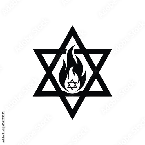 A star of david with a flame design inside symbolizing the holocaust and jewish heritage