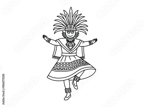 Traditional aztec or mayan dancer in mid performance with feathered headdress and ornate skirt