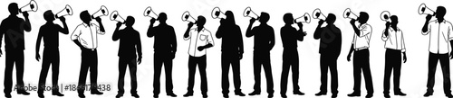 Business people silhouette set shouting through megaphones, communication marketing concept, crowd announcement, leadership influence isolated on white background illustration
