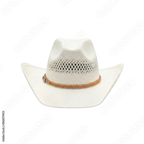 White woven cowboy hat with braided leather band and silver buckle straw