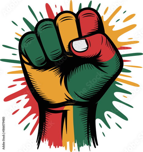 Clenched Fist Protest Vector Illustration - Vibrant Rasta Colors Representing Unity, Power, Freedom, and African American Heritage for Juneteenth & Black History Month Design