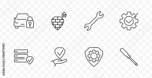 Security and maintenance set icon. Line icons depict car lock, firewall, gear, wrench, screwdriver, shield, checklist, and hand holding secure elements related to system safety.