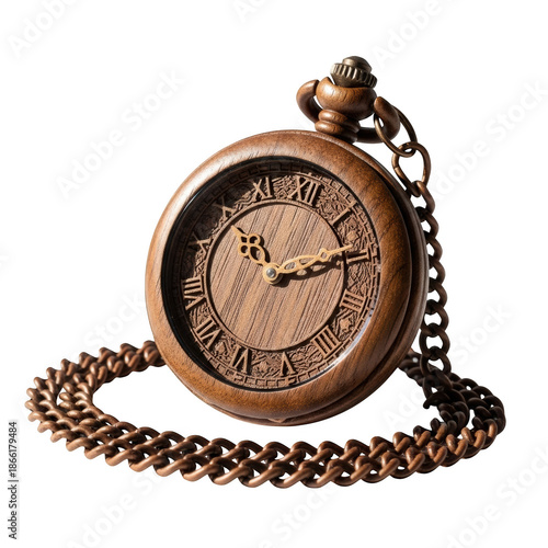 Wooden pocket watch with roman numerals and chain on black background clock