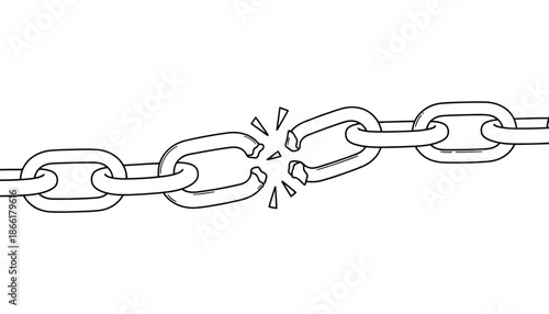 A broken chain link on a metal chain with a fractured point