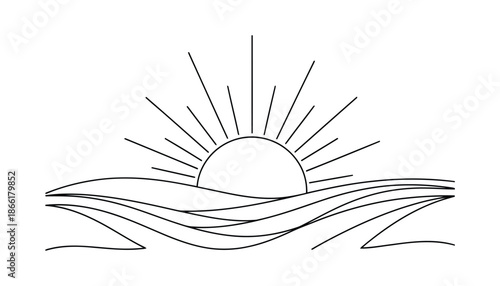 A minimalist line drawing of a sunrise over wavy hills with radiant beams