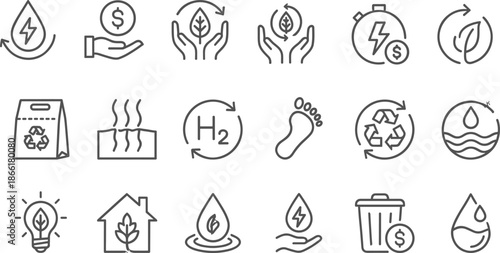 Black and white sustainability and energy icons set, vector illustration for eco-friendly practices, renewable energy, and environmental protection.