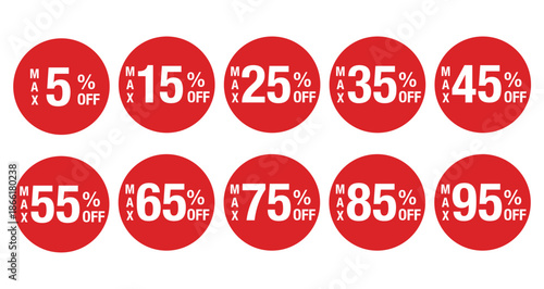 "MAX5%OFF" から "MAX95%OFF" までの文字入りマークのセット　円形　背景透過　赤
