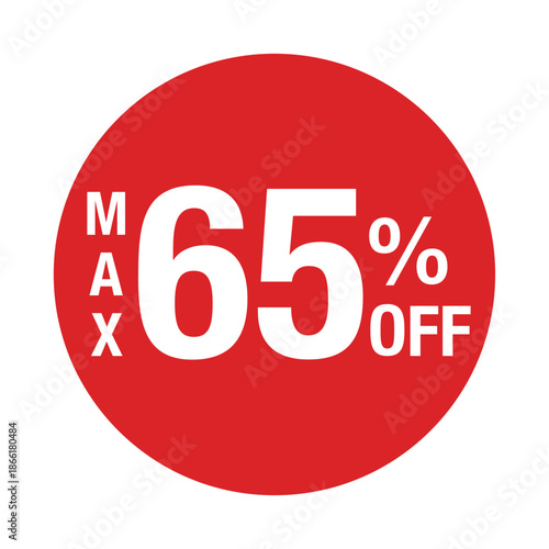 ”MAX65%OFF” の文字入りマーク　円形　背景透過　赤色
