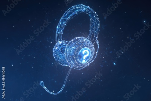 A digital headset with a glowing question mark on the ear cup, crafted of glowing particles