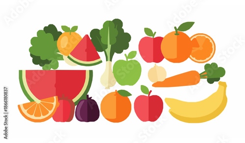 Colorful fresh fruits and vegetables vector illustration representing abundance and healthy food