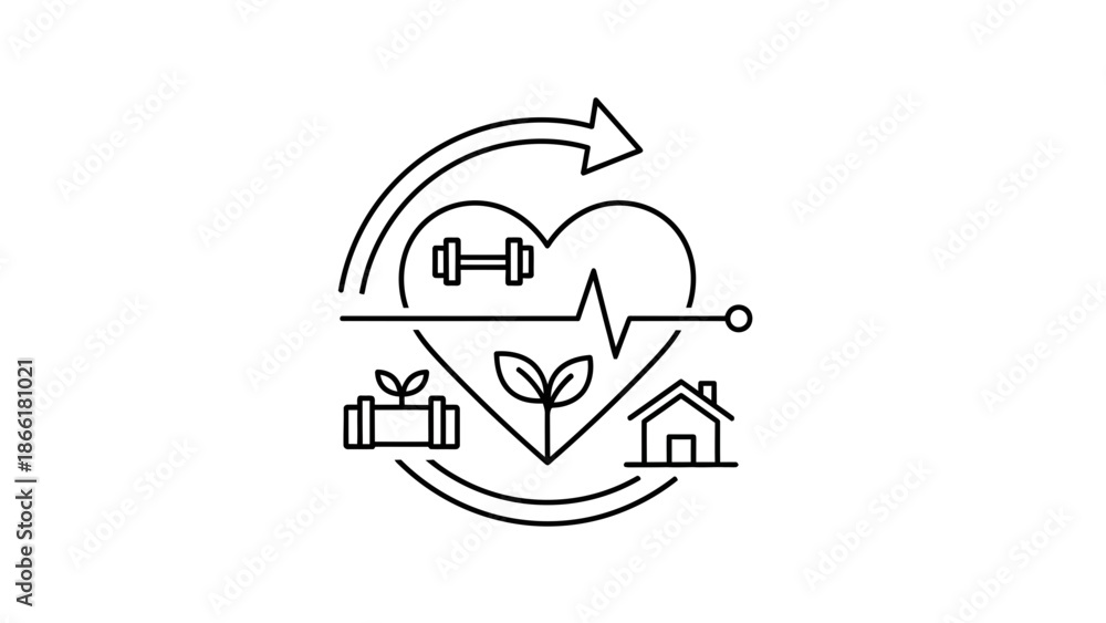Fototapeta premium Healthy Lifestyle Icons: Heart, Fitness, Plants, Home, ECG