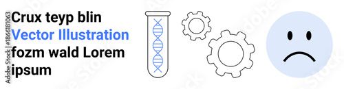 Science, innovation, mood, biology, workflow, problem-solving. ion of a DNA test tube, gears and a sad face. Science and innovation concepts are clearly
