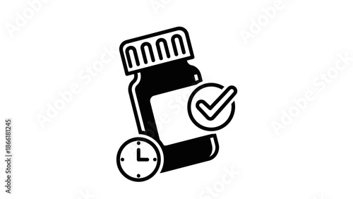 Medication bottle with checkmark and clock icon, symbolizing health and time management