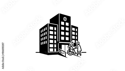 Modern Hospital Building Icon with Patient in Wheelchair Arriving