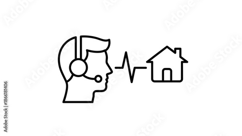 Remote Work Icon: Headset User Communicating with Home Office Signal