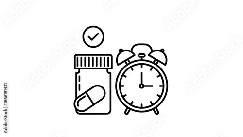 Prescription Pill Bottle with Capsule and Alarm Clock - Medical Time Icon