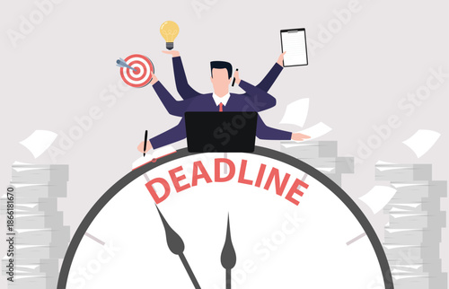 A multi-armed businessman juggles tasks atop a deadline clock, surrounded by paperwork, showing the chaos and effort of managing multiple responsibilities against time pressure.