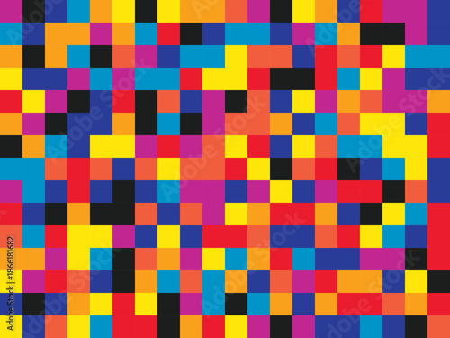 Dynamic mosaic of brightly colored pixels forming a striking abstract design