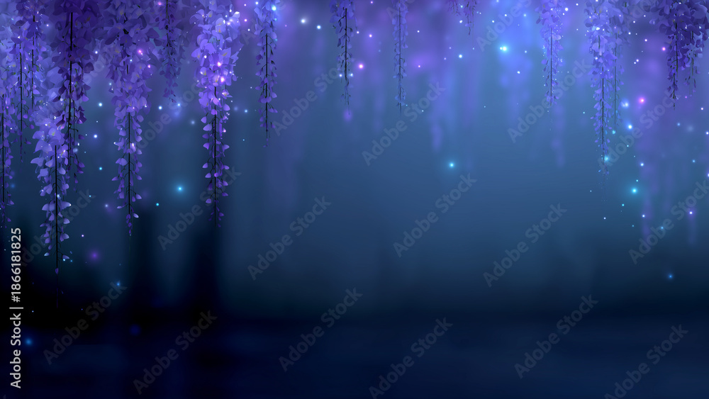 Fototapeta premium Purple wisteria flowers glowing in night garden