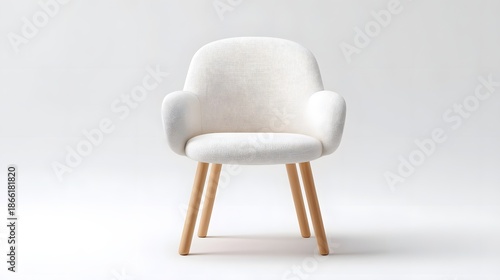 Minimalist white armchair with soft fabric upholstery and elegant tapered wooden legs presented in a studio setting on a plain white backdrop for versatile interior design use