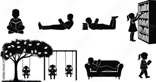 Children reading books silhouette set, showing library home outdoor study education knowledge learning activities vector illustration design for kids school lifestyle concept