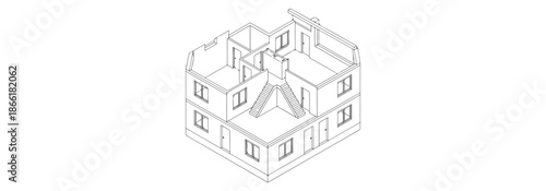 Isometric architectural blueprint vector, residential building structure, stairs, walls, doors, windows, technical drafting look