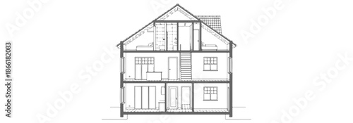House section drawing with interior furniture, cut view, sofas, beds, kitchen units visible inside rooms, architectural CAD style
