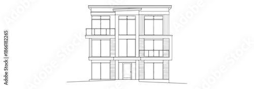 Residential house elevation drawing, front view, architectural blueprint style, clean CAD vector lines, windows, doors, roof details