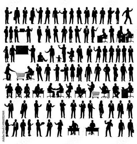 People silhouette vector set, men and women in different poses and professions