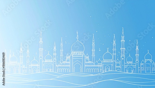 Outline illustration of a serene Islamic cityscape with multiple mosques and minarets under a gradient blue sky, evoking a spiritual and peaceful atmosphere.