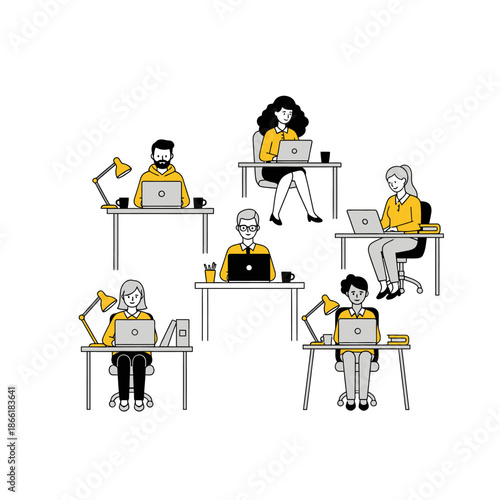 Collaborative workspace with diverse individuals working independently on laptops, creating a